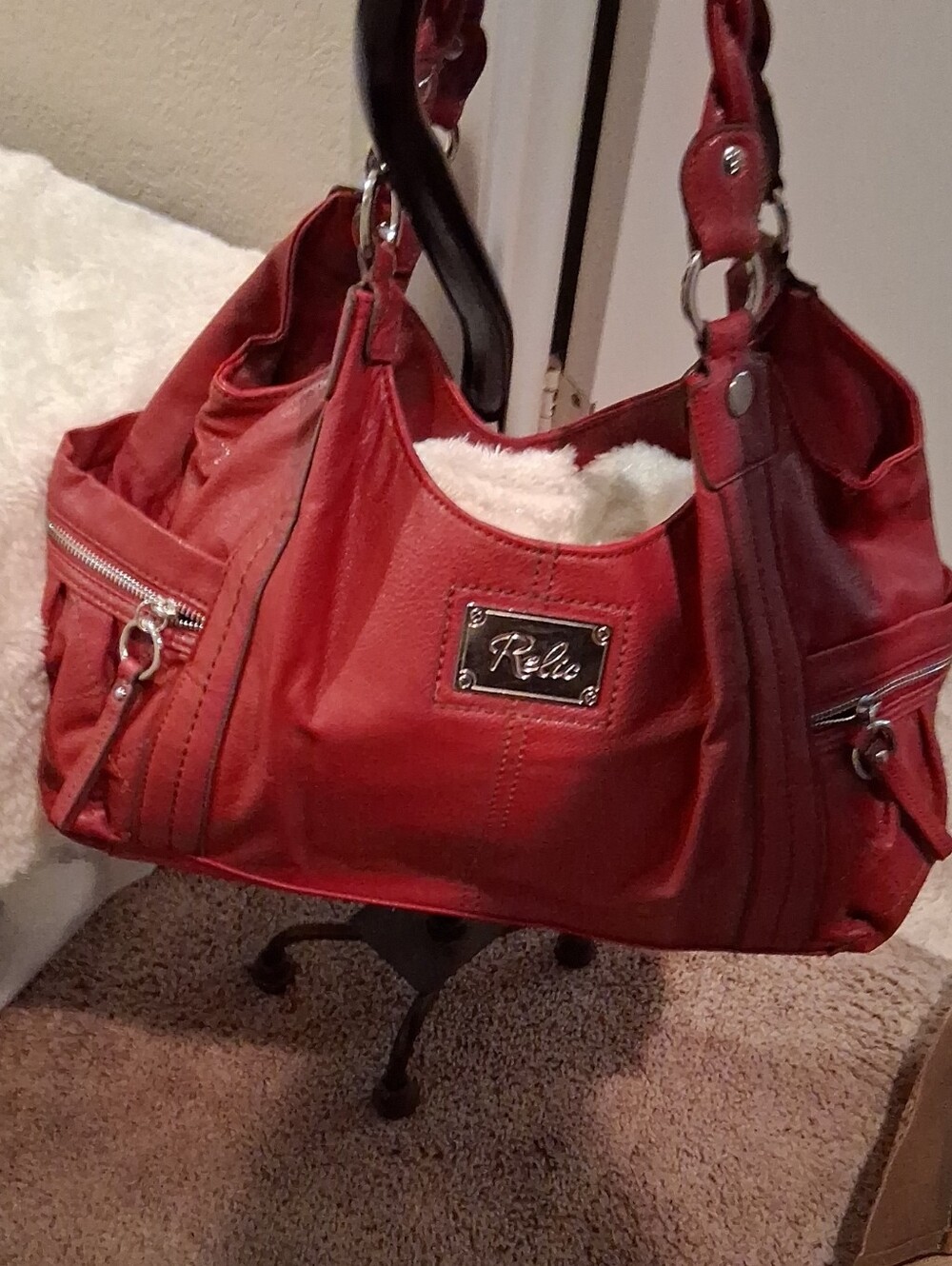 Elle Red Pebbled Shoulder Bag with Silver Accents